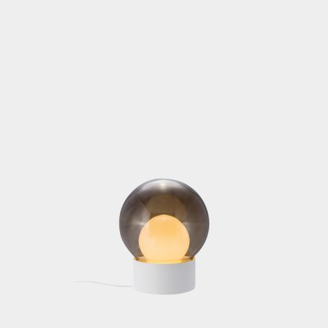 Boule Tischleuchte klein, Glas rauchgrau + opalweiß/Sockel weiß